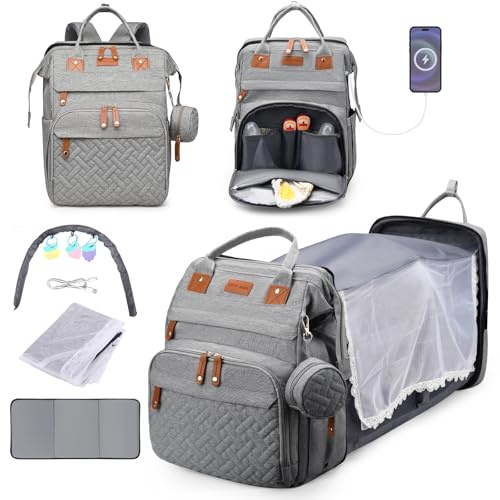 Towwoo Sac à Dos à Langer pour Bébé, Sac de Voyage avec Lit de Bébé Portable, 35L Grande Capacité Sac de Maternité, Sac à Couches Multifonction avec Serviettes Urinaires et Moustiquaires de Poussette