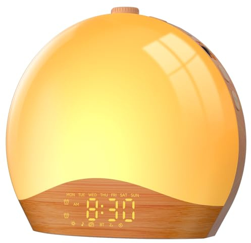 LIORQUE Despertador Luz Natural, Despertador Amanecer Simulación de Amanecer con Radio, 9 Colores de Iluminación Dinámicos y 20 Niveles Brillo, 2 Alarmas y Snooze, Modo Fin de Semana (Color Madera)