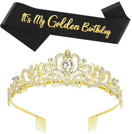 CYUXING 2 pezzi di decorazioni per compleanno con corona dorata, decorazioni per feste di compleanno, squisite dorate, corona e fascia per donne, buona qualità, facili da riporre