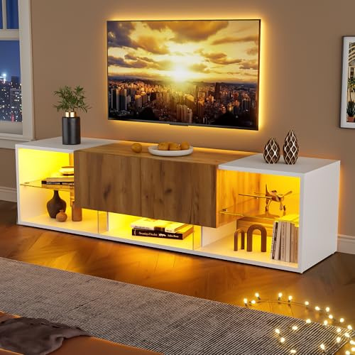 Mueble De TV Con Tablero De Partículas,Consola De Televisión De 3 Niveles Con Iluminación LED,Mueble TV Con Cajones Y Estantes De Vidrio,Soporte Para Televisores Hasta 70 Pulgadas,160x40x42 cm
