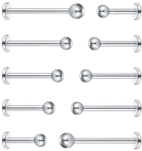 MUNZE 10 Unidades Piercing Tragus Hombre Plata 16G - Acero Quirúrgico Labret Helix Anillo 4-12Mm Bolas 3Mm