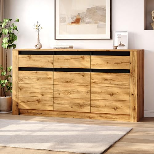 MURUL Aparador con aspecto ondulado, 135 x 35 x 70 cm, de aglomerado, cómoda moderna para salón, armario con 9 zonas de almacenamiento, armario auxiliar de color madera natural con 3 cajones y