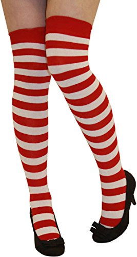 Crazy Chick Women Stripe Over The Knee Socks Thigh High Girls Stretchy OTK Socks Fancy Dress (Red & White)