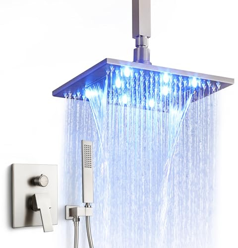 SKOWLL - Alcachofa de ducha LED con cabezal de ducha de lluvia con brazo de ducha de mano con sistema de cabezal de ducha de 10 pulgadas, níquel cepillado