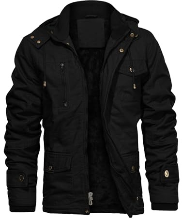 CHEXPEL Hooded Winter Jackets for Men Thick Military Jackets Thicken Casual Zip Out Coat Outerwear with Snap Pockets Black L