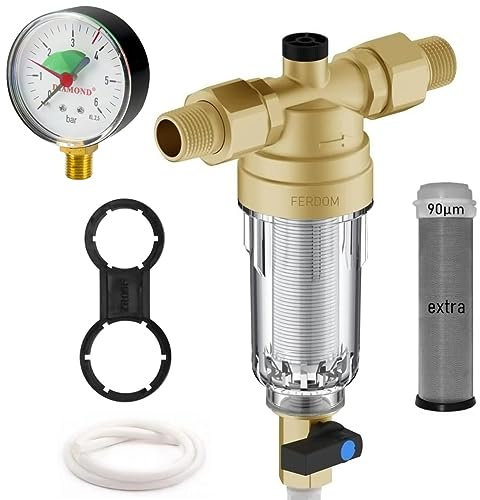 FERDOM FD180 Prefiltro Con Manometro & Extra Maglia. Filtro Dell’acqua Spin-Down Depuratore, Riutilizzabile. Maglia Inox 90 Mic, Con.1/2”(3/4) Flusso max 2,5m3/H. Testa Ottone, Involucro Trasparente.