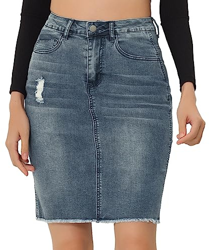 Allegra K Jupe Jean Femme Vintage Taille Haute Délavage Naturel avec Ourlet Effiloché Tous Les Jours