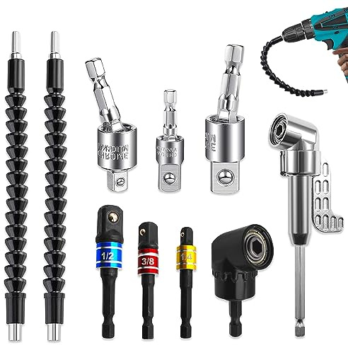 mizikuu 10 Pcs Foret à Angle Droit D'extension Kit, 105 Degrés Angle Flexible Extension Bits Universelle Adaptateur de Visseuse Hexagonale 1/4 pour Perceuse