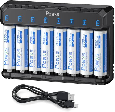POWXS Akku Ladegerät mit AA Akku 2800mAh 8 Stück, 8-Ladeplatz Universal Batterie Ladegerät mit LED Anzeige für NI-MH NI-CD Lithium Batterien,8 Wiederaufladbare Akkus AA USB & Typ-C Eingang