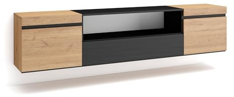 Skraut Home | Mobile TV Soggiorno | Ampio spazio a disposizione | 200x45x35cm | Per TV fino a 80 | Sospeso, da appendere | Stile moderno | Rovere e nero