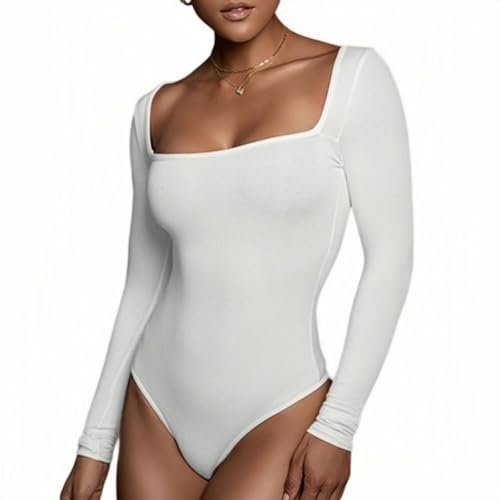 Rongseng body damer långärmad elegant bodysuit toppar sexig fyrkantig urringning långärmad bodys smal dambody underbody stretch långärmad body långärmad topp långärmad skjorta för kvinnor, Vit, XL