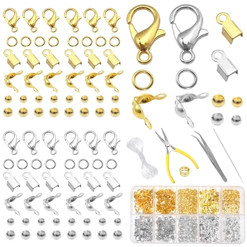 TOAOB 760 Piezas Cierres para Pulseras y Collares para Joyas con Pinza de Langosta Cierre y Anillas Salto Abiertos Perla Cubierta de Lazo de Plata y Oro para Accesorios de Bricolaje