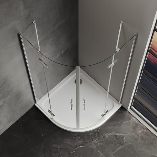 IMPTS Runddusche 90x90x195 cm, Duschkabine Viertelkreis Duschabtrennung Rund Falttür Viertelkreisdusche mit Diagonalen Sicherheitsstange, Ohne Duschtasse & Ablauf