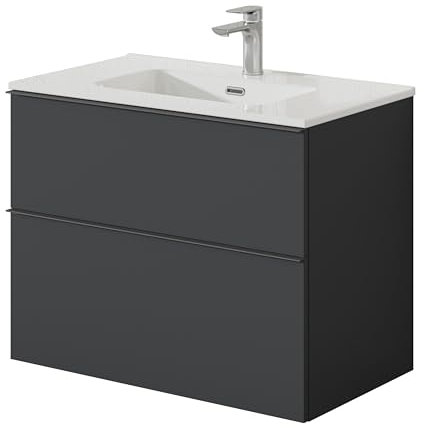 BERNSTEIN Badmöbel-Set Lavoa 80 cm bestehend aus Waschbecken und Unterschrank mit 2 Schubladen, Waschbeckenunterschrank in Anthrazit, Griffe in Anthrazit - 5 Jahre Garantie - Waschtisch in Weiß glanz
