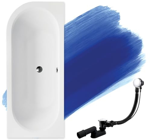 BADLAND Original Badewanne 170x75 cm Rechts Acryl KOMPLET KOMPLETTSET SET Premium Siphon Wanne Eckwanne Ecke Eck Badewanne Weiß Design Modern Ablaufgarnitur in Chrom für 2 Personen Made in EU 3in1