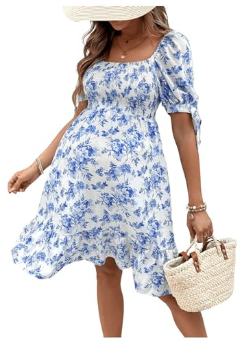 MakeMeChic Women's Maternity Dress Summer Beach Sundress Floral Puff Sleeve Baby Shower Dress Blue Large