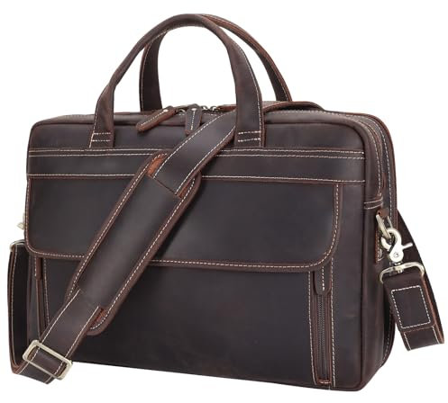 Masa Kawa Leather Briefcase for Men 15.6 Inch Laptop Computer Brief Attache Case Vintage Business Travel Work Messenger Crossbody Shoulder Bags for Lawyer Teacher, Brown