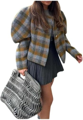 Giacca in Tweed Doppiopetto Doppiopetto Moda Invernale da Donna Cappotto Corto in pisello Scozzese Giacca Casual da Ufficio da Lavoro Giacca in Tweed Scozzese (Grigio,S)