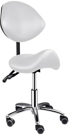 Saddle Stool with Back Support, 400lbs Saddle Chair - Back Adjustable Salon Stool with Wheels, Swivel, Wide Thick Seat Padding, Heavy Duty Rolling Seat for Home Office Clinic Dentist(White)
