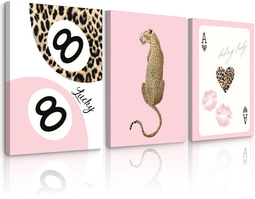 Cheetah Trendy Wall Art Preppy Leopard Canvas Print Cheetah Room Wall Decor 8 Ball Poster Y2k Pink Coquette Luxury Print Lucky Aesthetic Fashion Pictures for Bedroom 12x16x3 Inch Wrapped Canvas