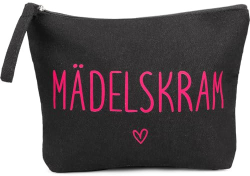 MEJOSER Mädelskram Kosmetiktasche Klein Schwarz Krimskrams Kulturtasche Schminktasche Mädchen Geschenke für Damen Frauen Freundin Mama Kollegin JGA Team Braut Kulturbeutel Make Up Tasche mit Spruch
