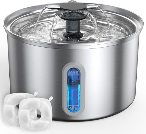 Fontanella per Gatti Acciaio,3,5L Fontanella per Gatti-Super Silenziosa Fontana per Cani-Distributore Acqua Cani-Dispenser Acqua Gatto con Due Filtri Adatto a Più Animali Domestici-Facile da Pulire