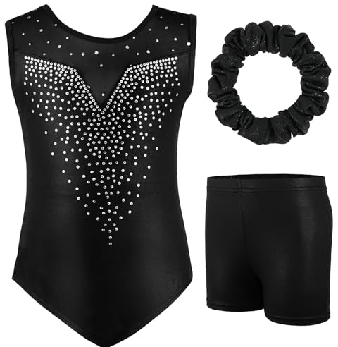 AOOWU Gymnastikset i 3 delar, för flickor, leotards med shorts och band, gradient färg gnistkropp dans gymnastik, Y-hals, långärmad/ärmlös