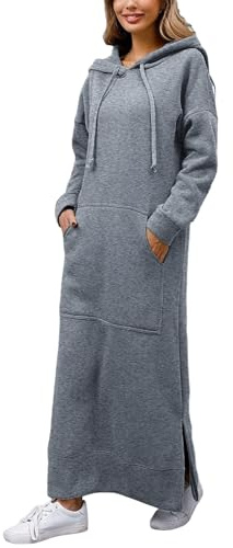 PODOLIXIA Abito da donna lungo con cappuccio, oversize, lunghezza alla caviglia, con cappuccio, per autunno e inverno, maxi maglione a maniche lunghe, con tasca, grigio., 4XL