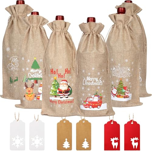 MUNSKT 6 bolsas de botellas de Navidad, bolsas de vino de arpillera con cordón, bolsas de regalo de arpillera para botellas de vino con etiquetas de papel kraft