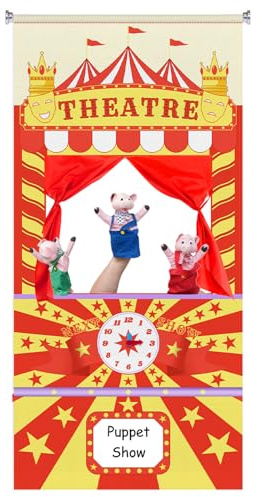 JstFrU Doorway Puppet Theater with Adjustable Rod & Whiteboard – Foldable Hanging Stage for Creative Storytelling & Interactive Home Decor, Includes Storage Bag (67x31)
