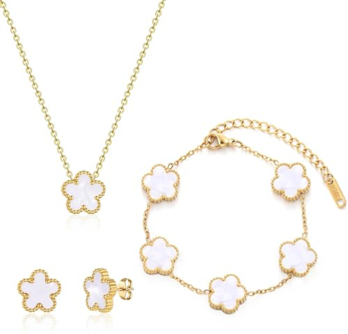 Bcenoilua Parure Gioielli Quadrifoglio da Donna 18K Placcato Oro Fortunato Quadrifoglio Bracciali Collana Orecchini Fiore Set di Gioielli Sposa Regalo per Fidanzata Mamma