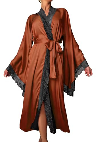 Accappatoio Doccia Donna - Vestaglia in Raso per Elegante A Maniche Lunghe con Bordo in Pizzo Accappatoio per La Casa E per Il Tempo Libero (Coffee S)