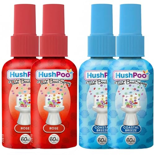 HushPoo Pack of 4 Toilet Bowl Spray 4 x 60ml Rose & Coastal Breeze Poop Air Freshener Spray Before You Go for Public Bathrooms, Offices and Home, Travel-Friendly Cleaning Solution for Poo Odours