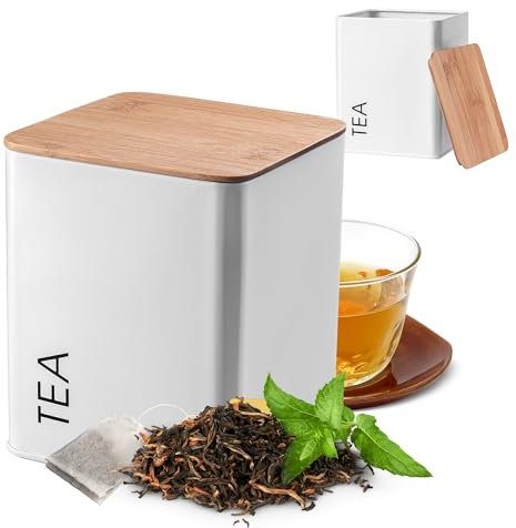 KADAX Vorratsdose mit Deckel, Vorratsbehälter aus Stahl pulverbeschichtet, Aufbewahrungsdose, Aufbewahrungsbehälter, Behälter, luftdicht, auch für Gewürze, Kakao (quadratisch, „TEA“, Weiß)