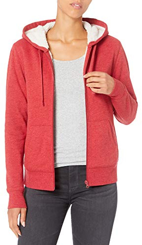 Amazon Essentials Women's Sherpa-Lined Fleece Full-zip Hooded Jacket, Red Heather, S