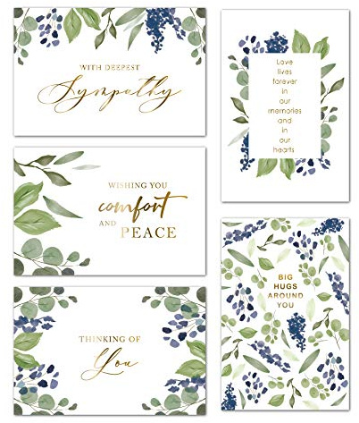 Gooji 4x6 Sympathy Card – 20 Blue Garden Sympathy Cards Set – Elegant and Classy Floral Watercolor Design, Peel-and-Seal White Envelopes, Condolence, Bereavement