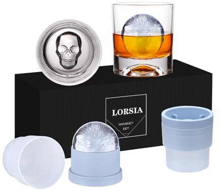 Lot de 4 verres à whisky (2 verres à bourbon en cristal, 2 grands moules à glaçons rondes) dans un coffret cadeau – 340,2 g épais à fond lesté pour scotch, cocktail, cognac, cadeaux uniques pour homme