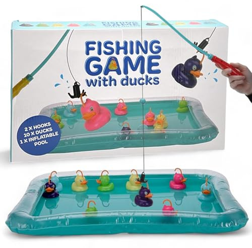 MIJOMA Gioco di Pesca XXL con Anatre - Gioco da Giardino All'Aperto con 2 Canne, 10 Anatre e Piscina Gonfiabile 55 x 45 cm