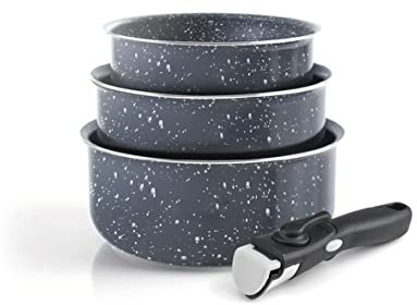 Qulinart by Brandt - Batterie de Cuisine à Induction 4 Pièces - Set de 3 Casseroles en Aluminium Anti-Adhésives 16, 18 et 20 cm avec Poignée Amovible - Lot pour Tout Feu - Gris Marbre
