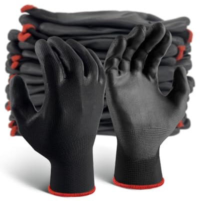 FJDZ SAFETY 12 Pairs Ultra-thin Work Gloves PU Coated Breathable Light Duty Glove for Precision, Gardening,Home Improvement(Black,XL)