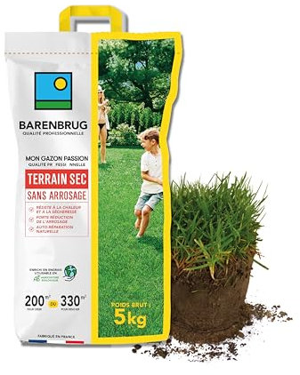 BARENBRUG - Gazon Terrain Sec sans arrosage - Résiste à la Chaleur et à la Sécheresse - Forte Réduction de l’Arrosage - Autoréparation Naturelle - Économe en Eau - Fabriqué en France - 5KG