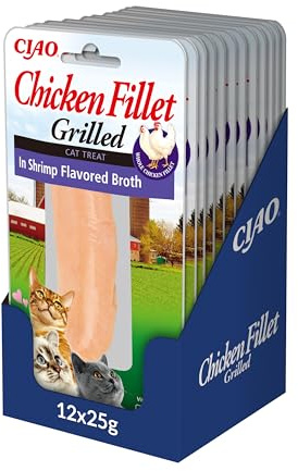 INABA Filetti di Pollo Grigliato per Gatti, in Brodo al Gusto di Gamberetti - Snack Gatto Ricco di Antiossidanti Senza Conservanti o Coloranti Artificiali, Grain-Free - Cibo Gatti, 12 Filetti x 25g