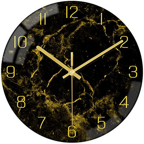 VIKMARI Reloj de Pared con Textura de Mármol Moderno Negro Decoración Rústica para Cocina 30cm Funciona con Pilas Silencioso Cuarzo Decorativo Negro y Dorado para Oficina, Dormitorio, Sala de Estar