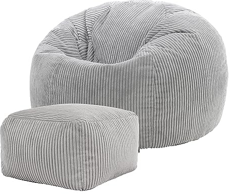 Icon Kingston Puff con Reposapies, Suaves y Cómodos Tela de Pana, Puff con Relleno Includio, Butaca Dormitorio, Butaca de Salon, Mueble Ideal para Salón y Dormitorio, Gris