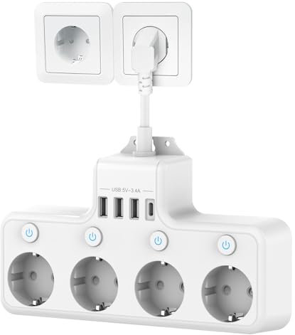 Mehrfach-Steckdose mit USB C (PD 20W), 3 USB-A und 4 unabhängigen Schaltkästen - Kindersicher, Weiß