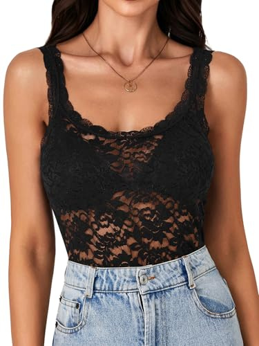 LYANER Women's Sexy Floral Lace Tops Scallop Strap Sleeveless See Through Sheer Tank Top Cami Shirt Solid Black X-Large