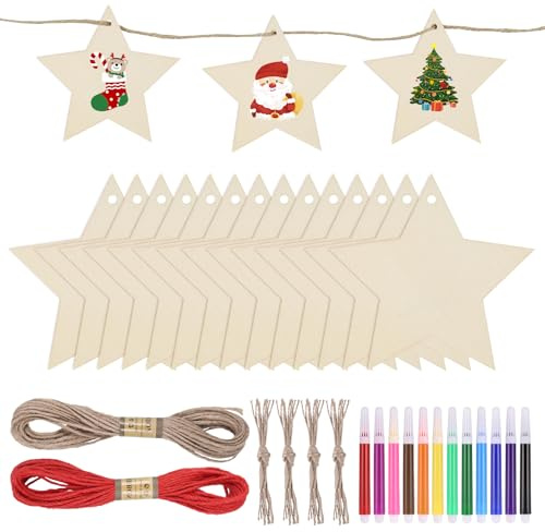 Zocipro 40Pcs Christmas Wooden Stars for Crafting, Wooden Star Ornaments Christmas Pendants Hanging Decoration with 12 Coloured Pens & 20m Twine for Christmas Tree Decoration, Craft Projects