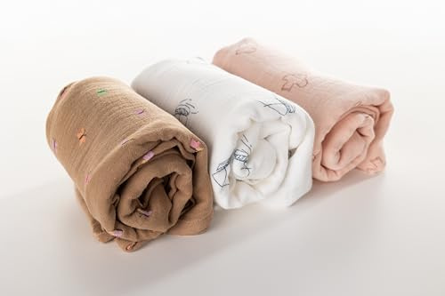 baginska - Muselinas Bebe Algodon Oeko-Tex, 63 x 63 cm. Paquete con 3 Unidades. Toalla Facial Infantil Suaves, Toalla de Gasa Bebe para Niños, Paños de Muselina Facial Infantil para Recién Nacidos