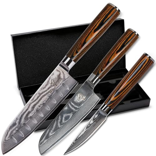 Wolfblood set 3 coltelli Santoku in acciaio Damasco 67 strati (30, 24 e 20 cm) | Coltelli da cucina professionali VG10 | Santoku, coltello officina, confezione regalo e proteggi lama
