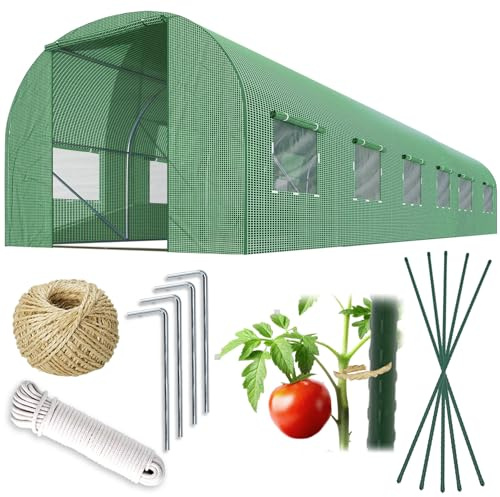 Plonos Folientunnel Gewächshaus Mit Rahmen Stahl Set Mit Pflanzenstützen Zubehör 3 x 6 x 2 m 18m2 Grün
